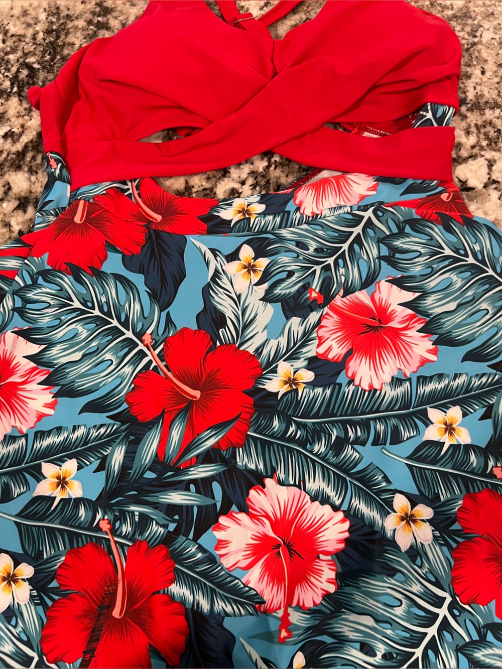 Tropical Red Floral One-Piece Swimsuit Sz Large, Built in bra. Never worn B7